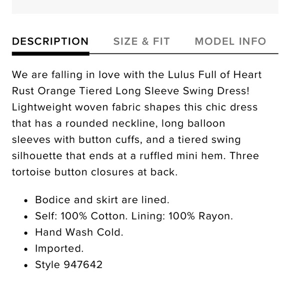 Lulus Full of Heart Rust Orange Tiered Long Sleeve Swing Dress size S - Picture 10 of 10